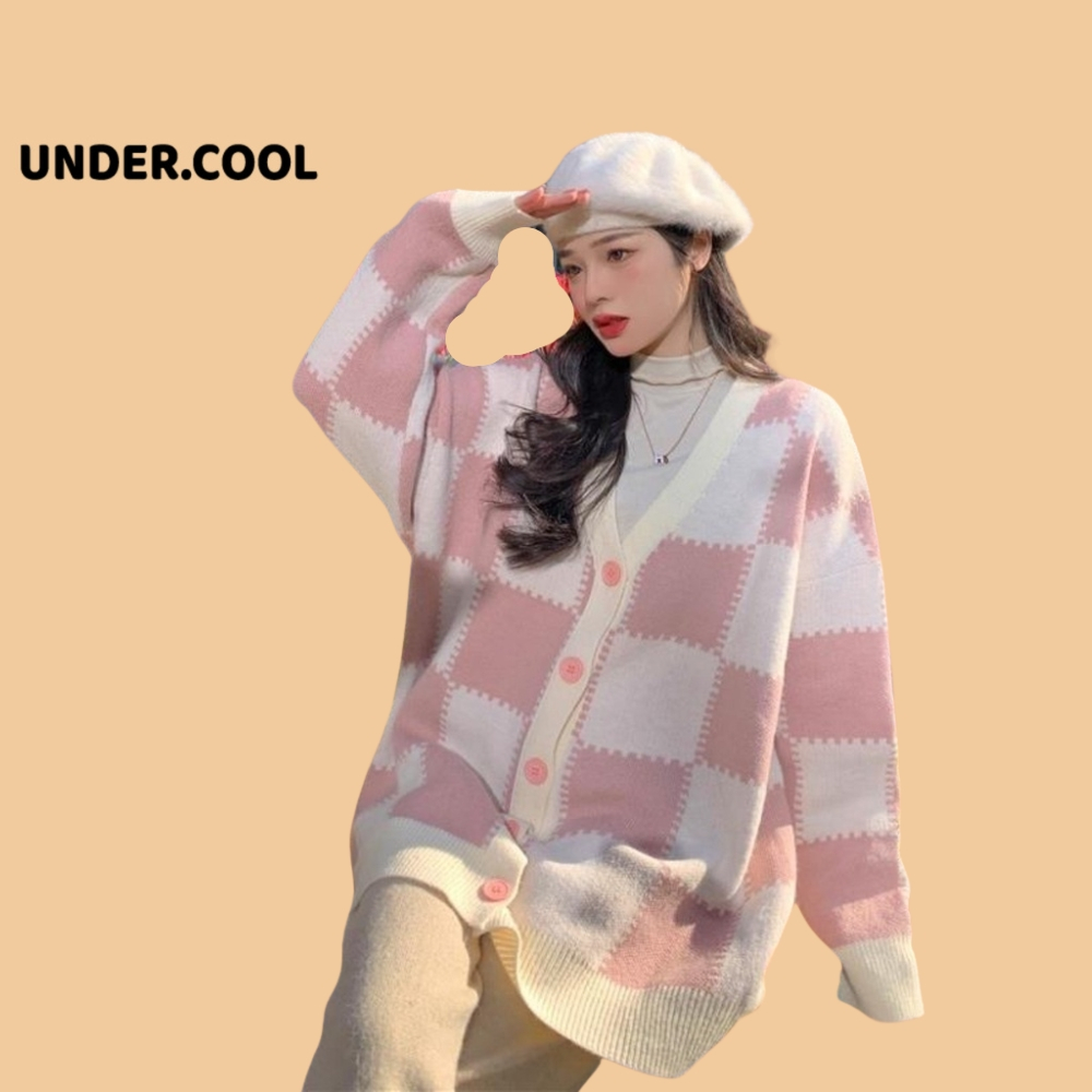 Áo Khoác Cardigan Nữ Màu Hồng Trắng UNDERCOOL Dáng Dài hoạ tiết ô Vuông dày dặn