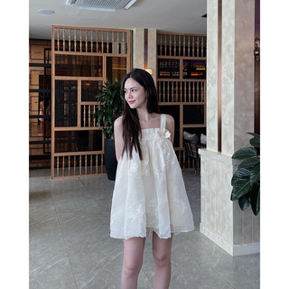 GINKO CLOTHING_Váy babydoll hai dây hoạ tiết cúc mẫu đơn phối nơ phong cách tiểu  thư_VGC2312