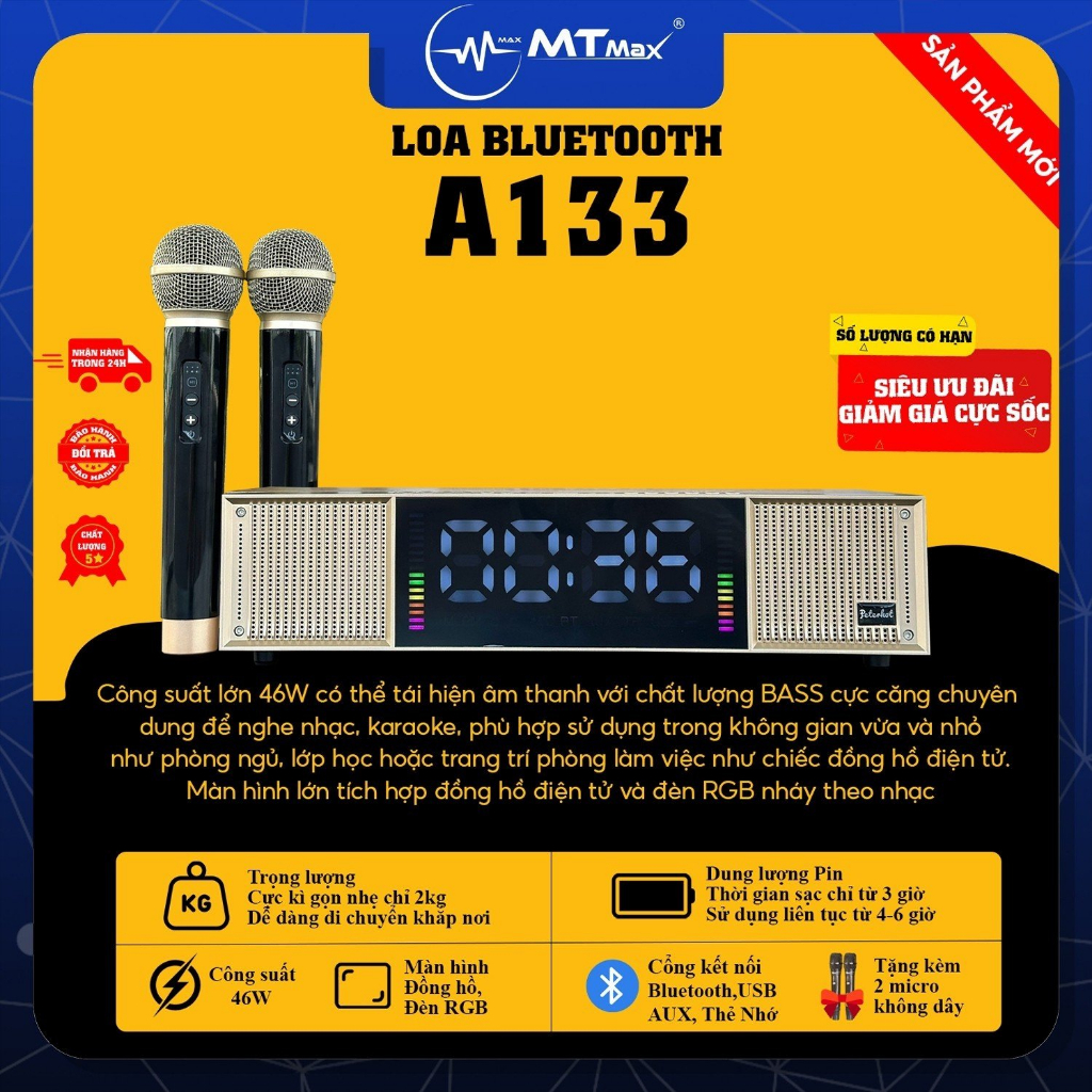 Loa Karaoke Peterhot A133, Tặng 2 Micro, Karaoke, Chơi Nhạc, Trang Trí, Bass Căng, Thiết kế thông minh phong cách.