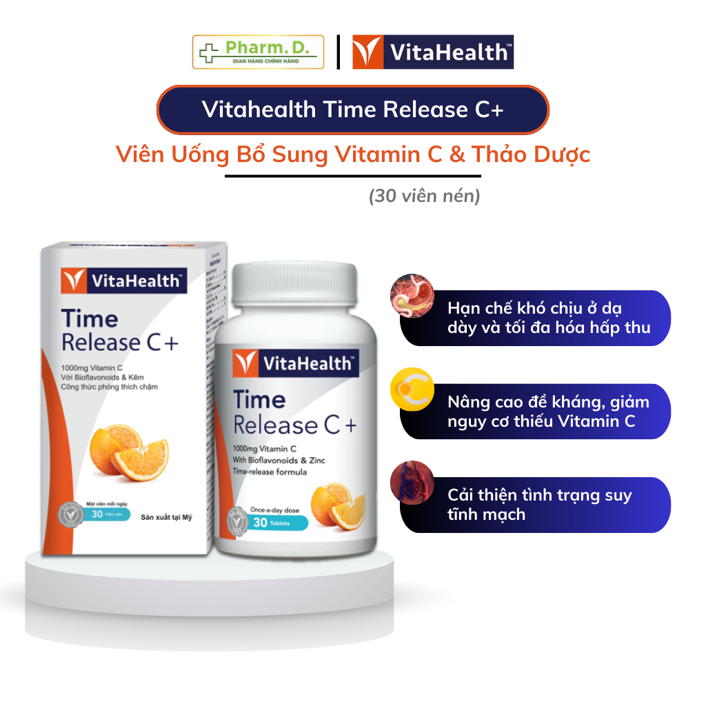 Viên Uống VITAHEALTH Time Release C+ Bổ Sung Vitamin C Hữu Cơ Tăng Sức Đề Kháng ( Hộp 30 Viên)