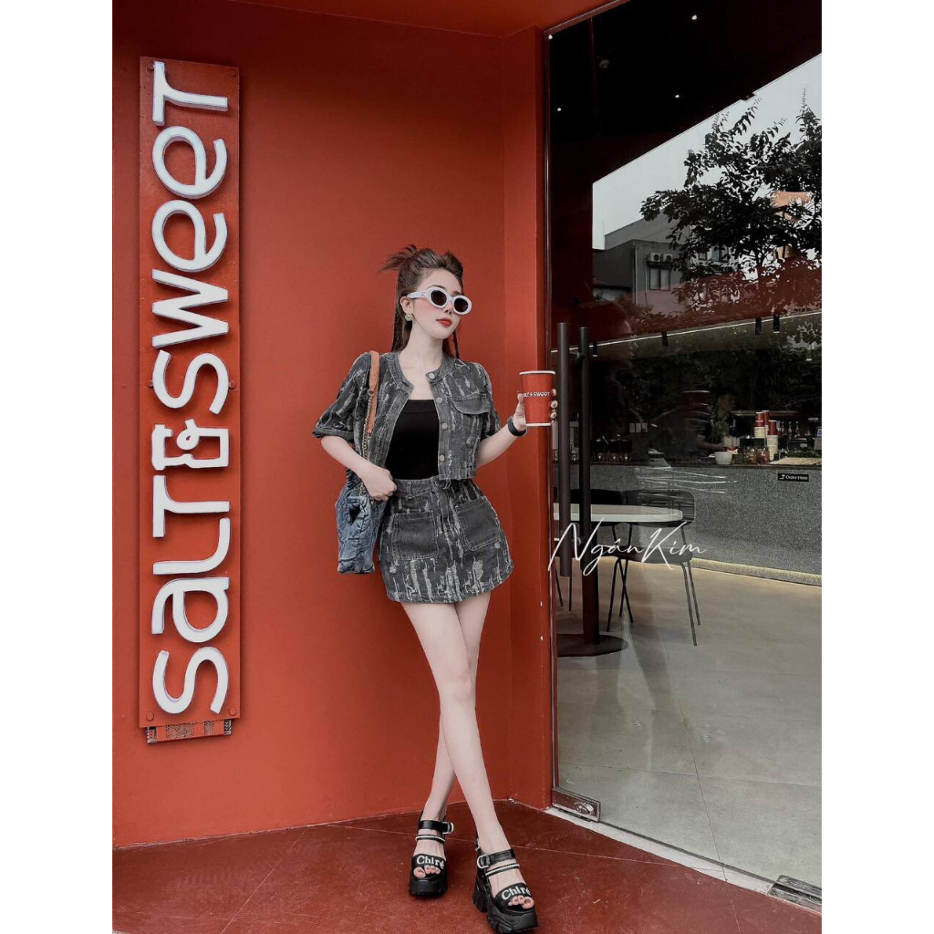 Set jean nữ áo + chân váy chữ A hàng quảng châu siêu đẹp