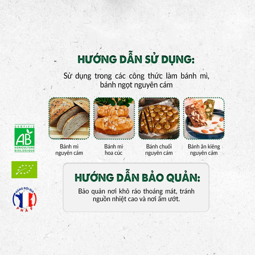 Bột mì nguyên cám hữu cơ T150 Markal 1kg được xay từ hạt lúa mì lứt nguyên vỏ cám bảo toàn dinh dưỡng