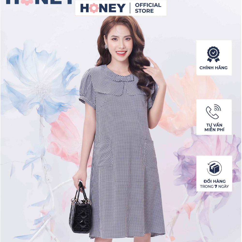 Váy bầu công sở kiểu dáng suông cổ thủy thủ tay ngắn thô lụa mềm mát - Thời trang đầm bầu cao cấp HONEY