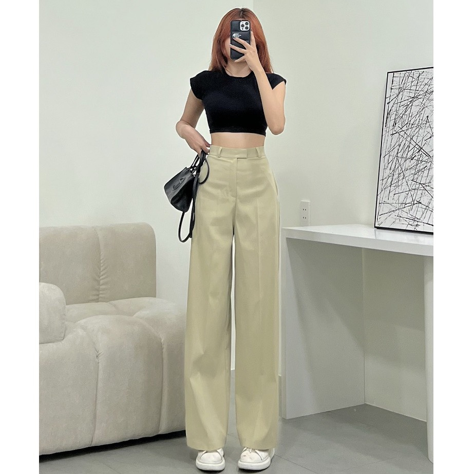 Quần Kaki nữ ống xuông rộng siêu hack dáng cạp cao dày dặn và có co dãn DORY1124