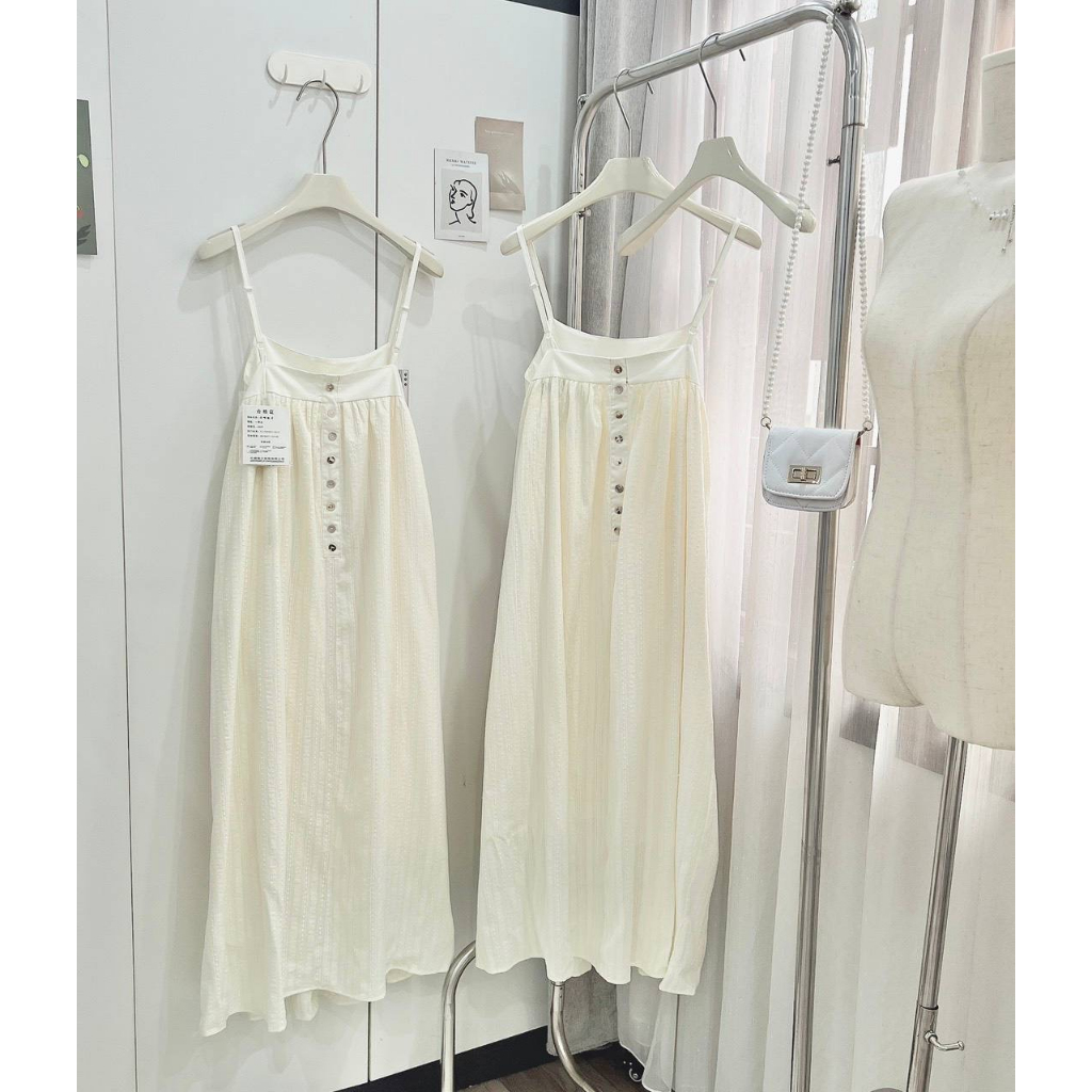 Váy maxi thô 2 dây dáng dài màu be, Đầm maxi dáng suông đi biển