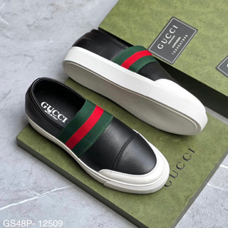 Giày slipon lười nam da đen trơn thêu quai chun sọc xanh đỏ mũi da trắng viền boy phố cao cấp GS48P