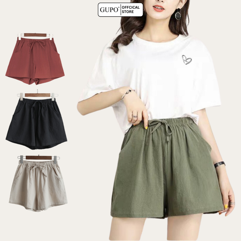 Quần short nữ ống rộng GUPO vải đũi mặc nhà cạp cao bigsize STORE WS31