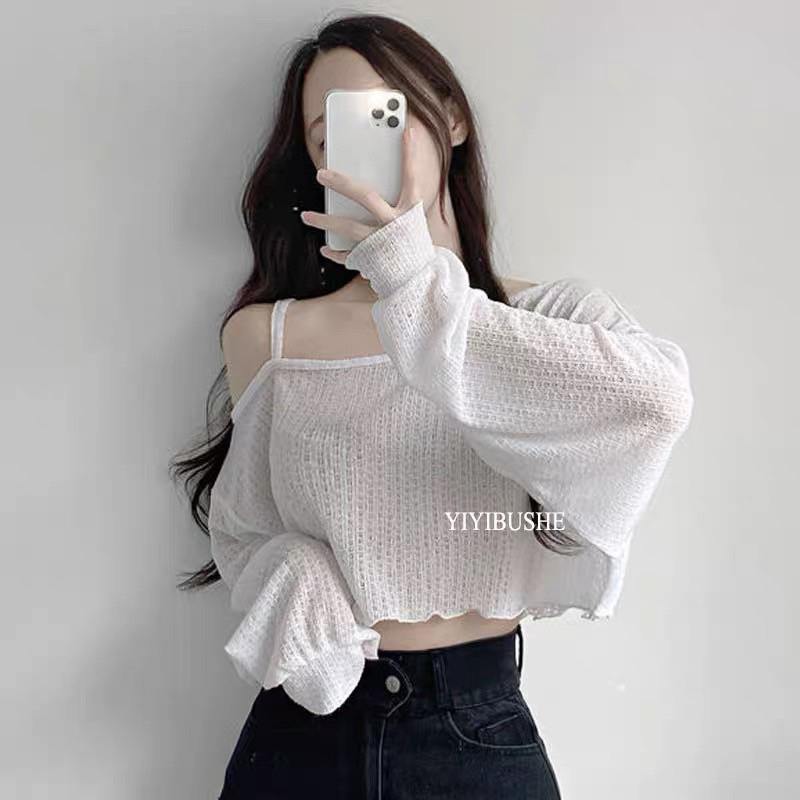 Áo Len Mỏng Lệch Vai Trễ Vai Dài Tay Sexy Mùa Thu Phong Cách Hàn Quốc