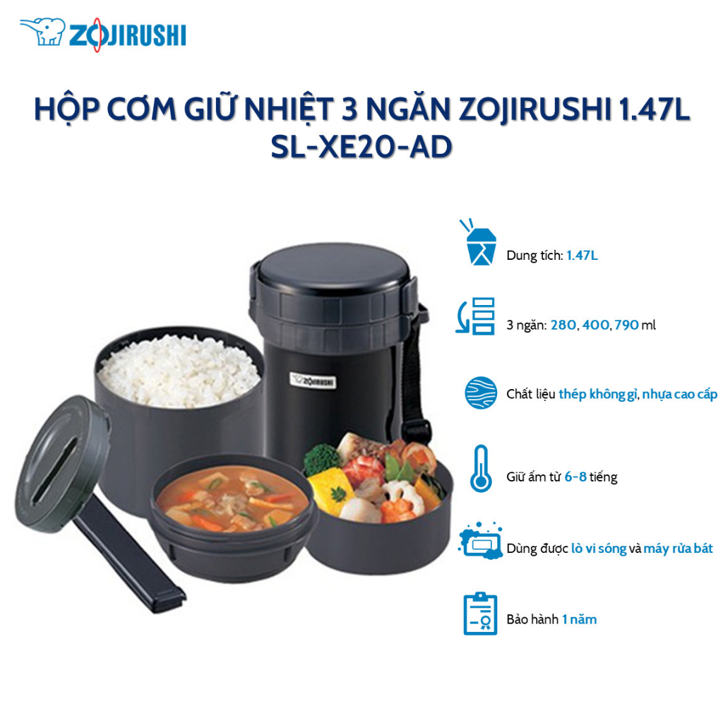 Hộp cơm giữ nhiệt 3 ngăn Zojirushi SL-XE20-AD, dung tích 1,47L, bảo hành giữ nhiệt 1 năm