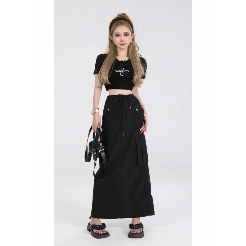 Chân váy kaki dáng dài rút dây vải kaki dù mềm mịn Chân váy kaki dáng dài rút dây vải kaki dù mềm mịn chân váy dài 326