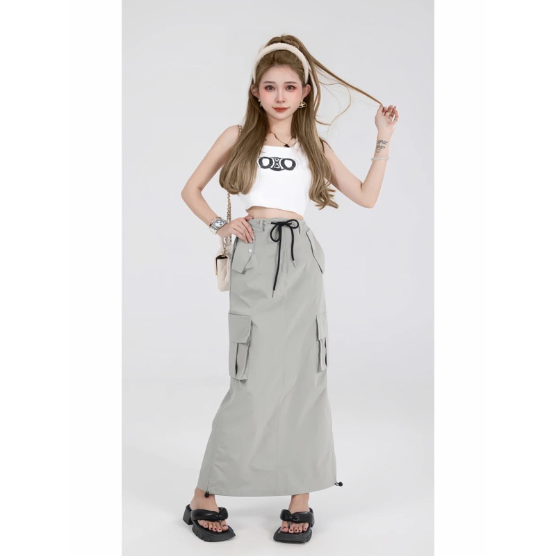 Chân váy kaki dáng dài rút dây vải kaki dù mềm mịn Chân váy kaki dáng dài rút dây vải kaki dù mềm mịn chân váy dài 326