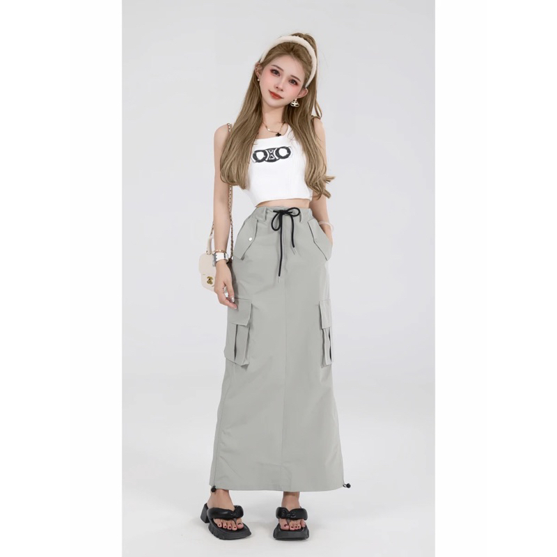 Chân váy kaki dáng dài rút dây vải kaki dù mềm mịn Chân váy kaki dáng dài rút dây vải kaki dù mềm mịn chân váy dài 326