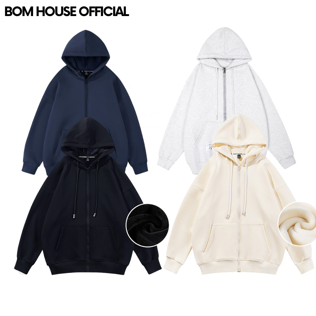 Áo Khoác Nỉ Hoodie Zip Trơn 3 Màu BOM HOUSE Nam Nữ Ulzzang Unisex