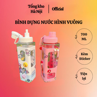 Bình đựng nước hình vuông 700ml - bình nước dễ thương đáng yêu kèm sticker chìm
