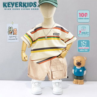 Set Bộ Quần Áo Bé Trai KEYER KIDS, Áo Thun Cotton Phối Quần Short Kaki Hoạt Tiết Sọc Nhiều Màu Thấm Hút SZ65