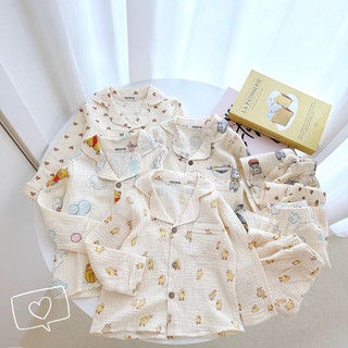 Set pijama dài tay xô muslin thấm hút, thoáng mát cho bé trai bé gái
