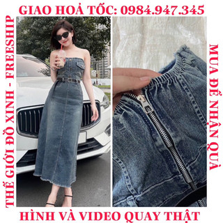 Đầm Jean ống đan dây lưng, Váy Bò xoè cá tính