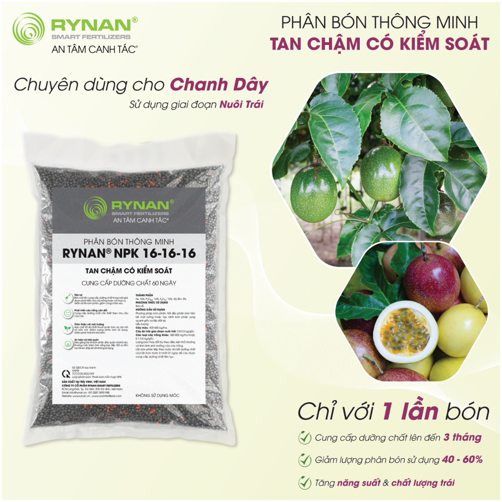 Phân Bón Tan Chậm Chuyên Dùng Cho Cây Chanh Dây RYNAN® NPK 16-16-16 - Sử Dụng Giai Đoạn Nuôi Trái (Bao 5kg)