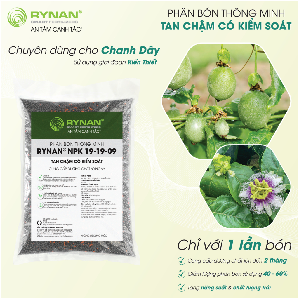 Phân Bón Tan Chậm Chuyên Dùng Cho Cây Chanh Dây RYNAN® NPK 19-19-09 - Sử Dụng Giai Đoạn Kiến Thiết (Bao 5kg)