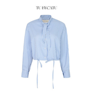 TUBYCATU | Áo sơ mi nữ croptop thắt nơ cổ rút eo hoạ tiết sọc màu xanh dương