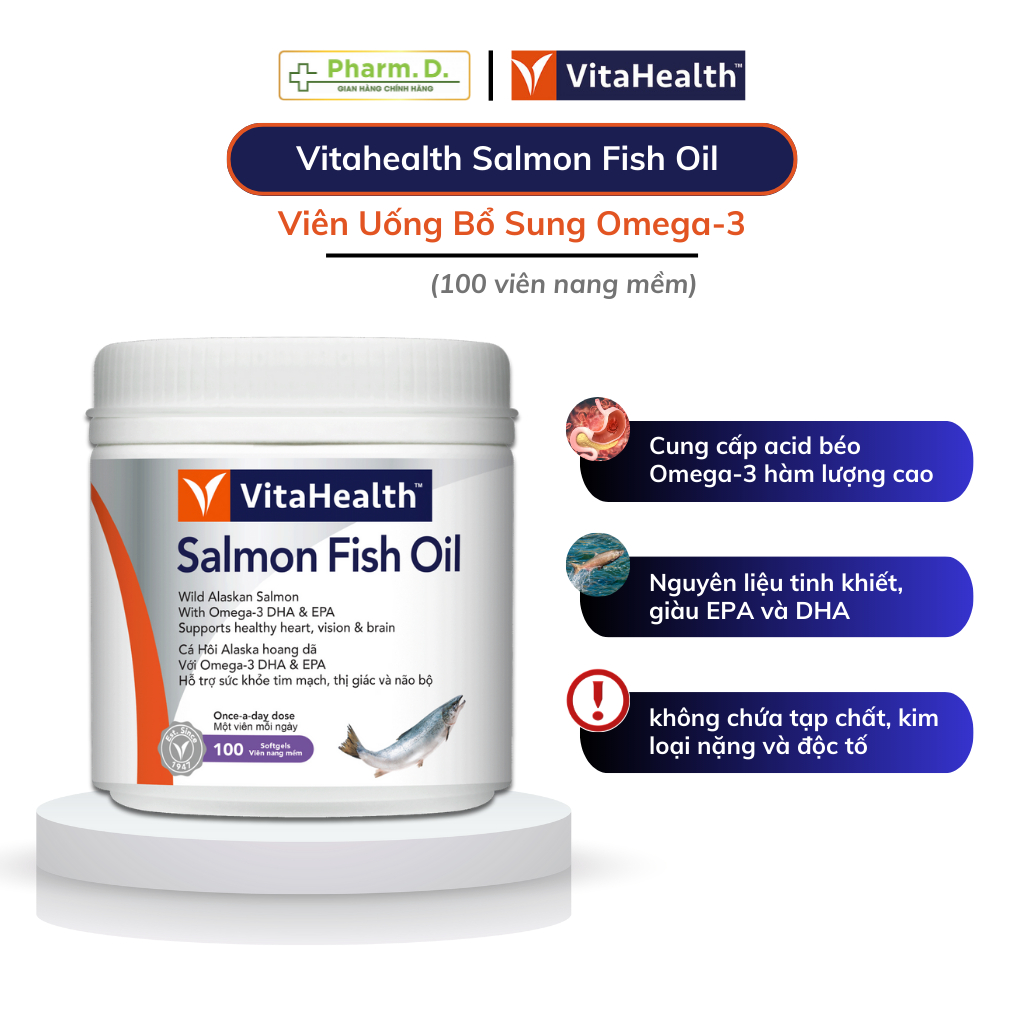 Viên Uống VITAHEALTH Salmon Fish Oil Từ Dầu Cá Hồi Bổ Sung Omega 3 Giúp Bổ Não, Sáng Mắt ( Hộp 100 Viên)