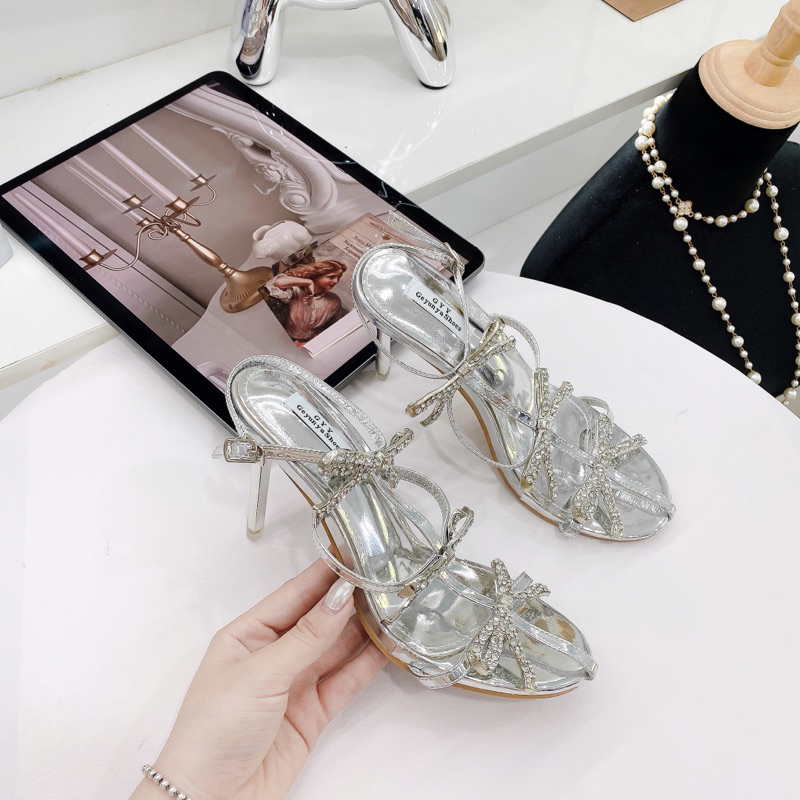 Sandal bạc nơ đá dây mảnh cao gót 9p đi tiệc sang chảnh