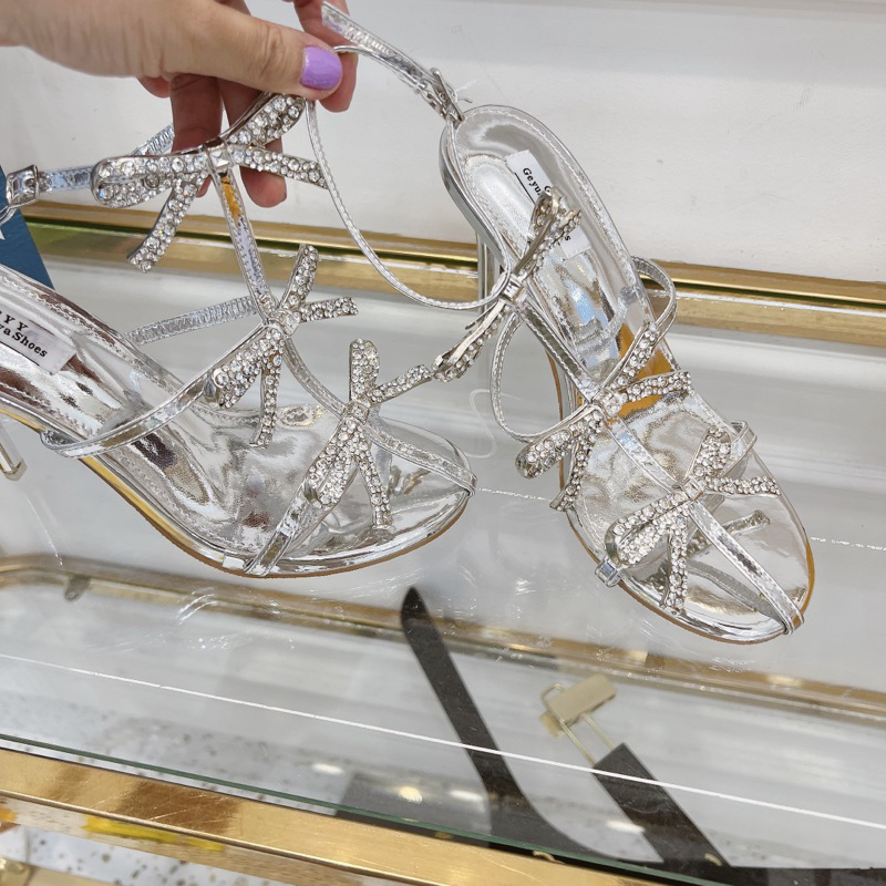 Sandal bạc nơ đá dây mảnh cao gót 9p đi tiệc sang chảnh