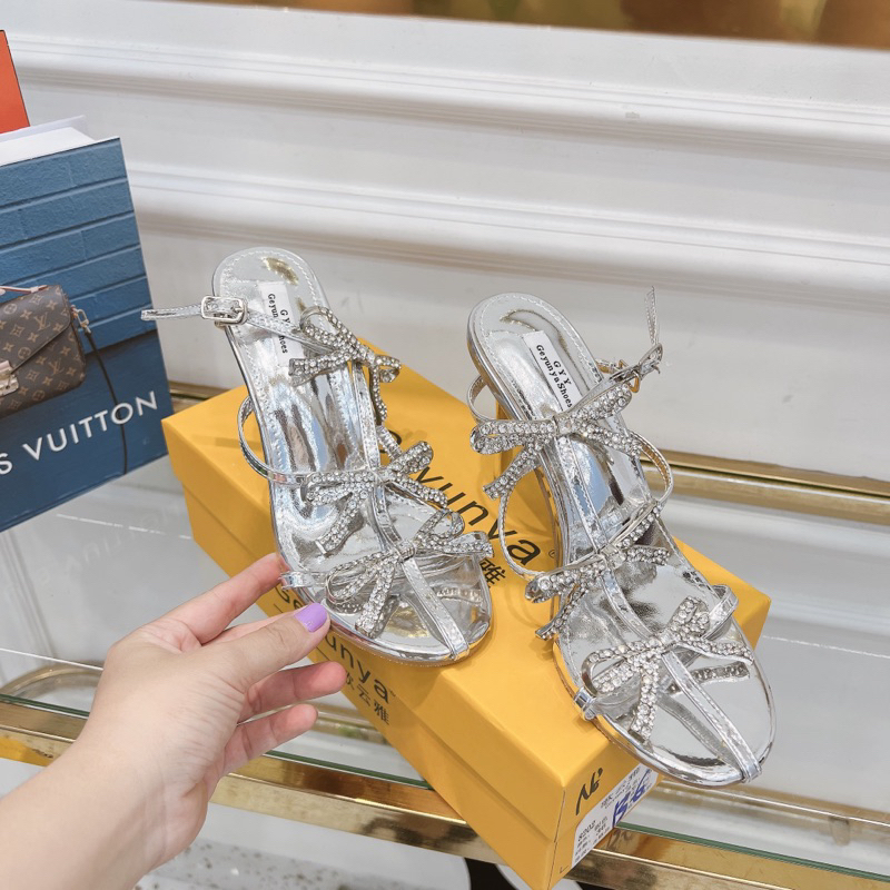 Sandal bạc nơ đá dây mảnh cao gót 9p đi tiệc sang chảnh