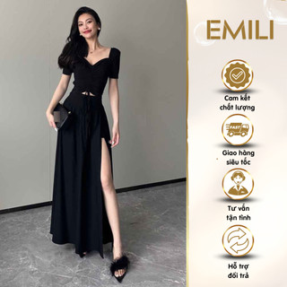 Set váy đầm xẻ tà Emili áo tay lỡ nhún eo chất liệu nhuyễn