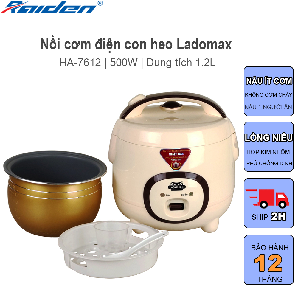 [Chính hãng] Nồi cơm điện 1.2L Ladomax HA-7612 lòng niêu nấu cơm chín đều, có xửng hấp, cho 3 - 4 người ăn