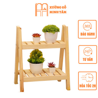 Kệ gỗ mini 2 tầng, để sen đá, chậu cây mini, decor trang trí bàn làm việc, bàn học KT 50x35cm