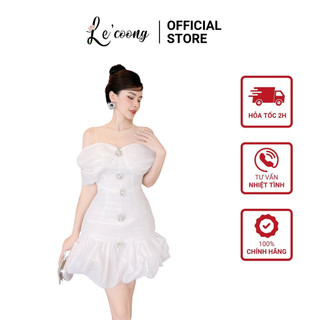 Váy Trễ Vai Dáng Ngắn Chân Váy Bồng LECOONG V419 Đầm Dự Tiệc Phối Ren Tag Đá