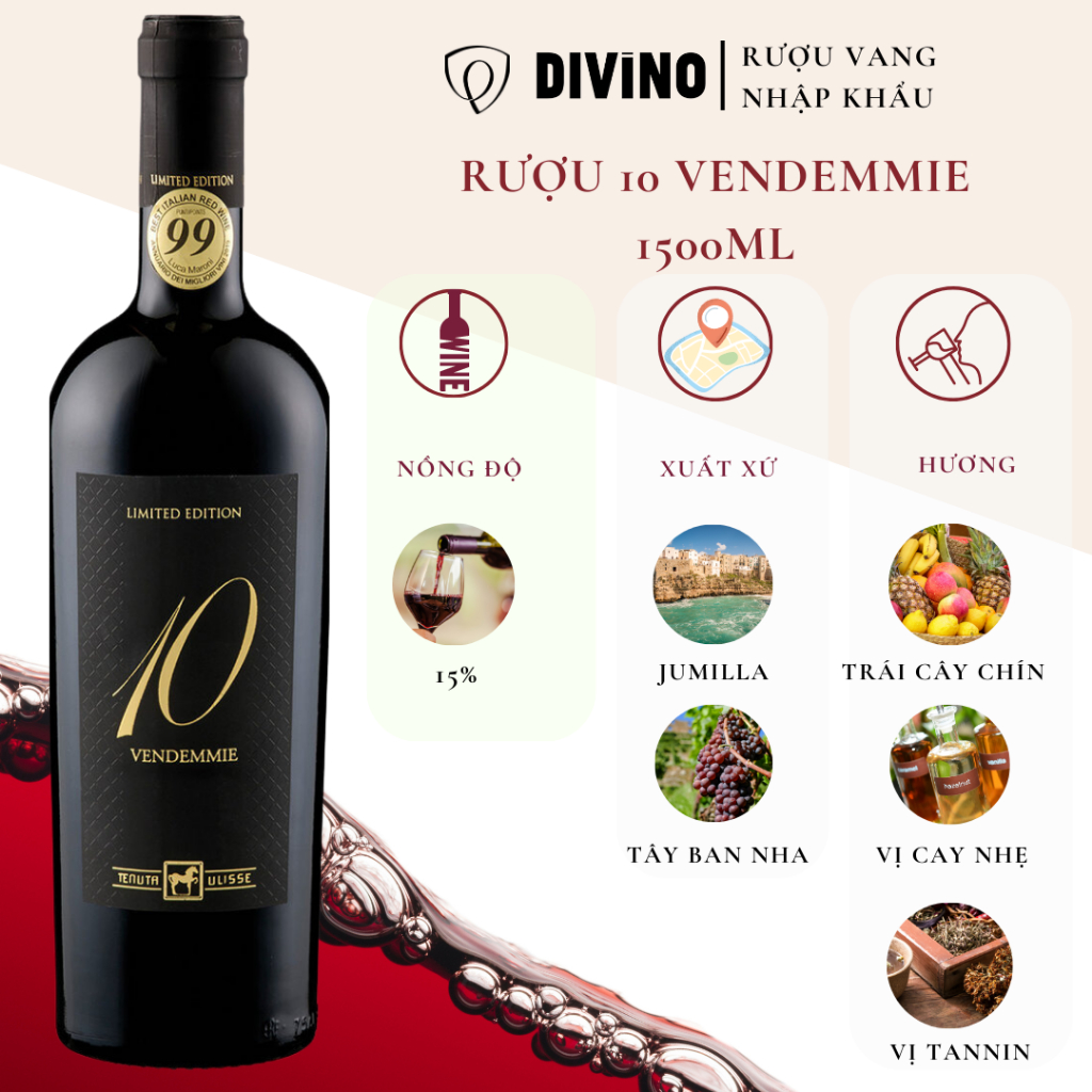 Rượu Vang Ý 10 VENDEMMIE Nồng độ 15% 1500ml Vang Đỏ