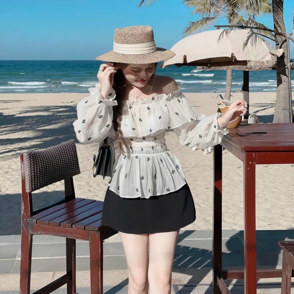 Set Bộ Áo Tay Dài Trễ Vai In Hoa Nhún Eo Kèm Chân Váy ( Có Lót Trong, Có Mút )