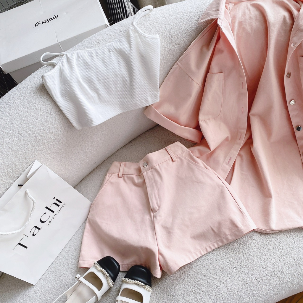 SET 3 MÓN KAKI HỒNG KÈM ÁO CROP TRẮNG 2S + SHORT💕