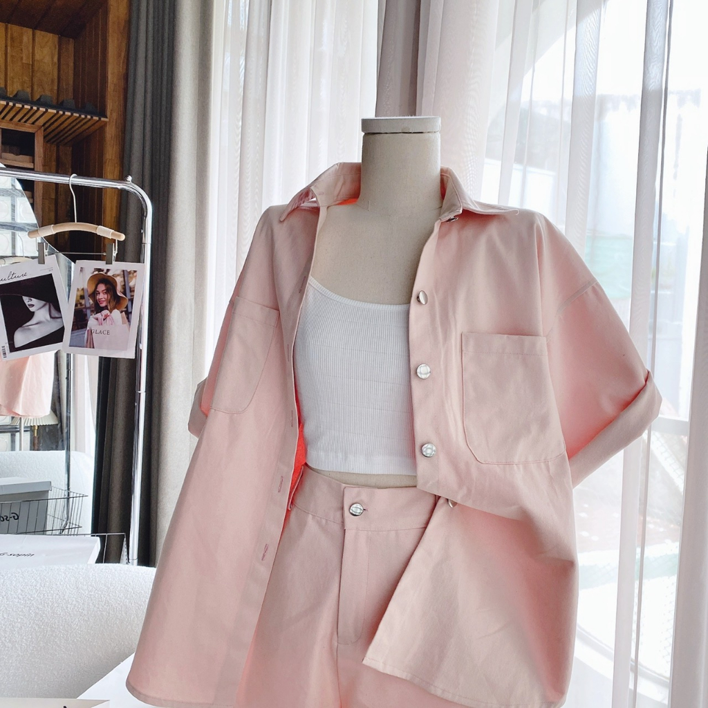 SET 3 MÓN KAKI HỒNG KÈM ÁO CROP TRẮNG 2S + SHORT💕