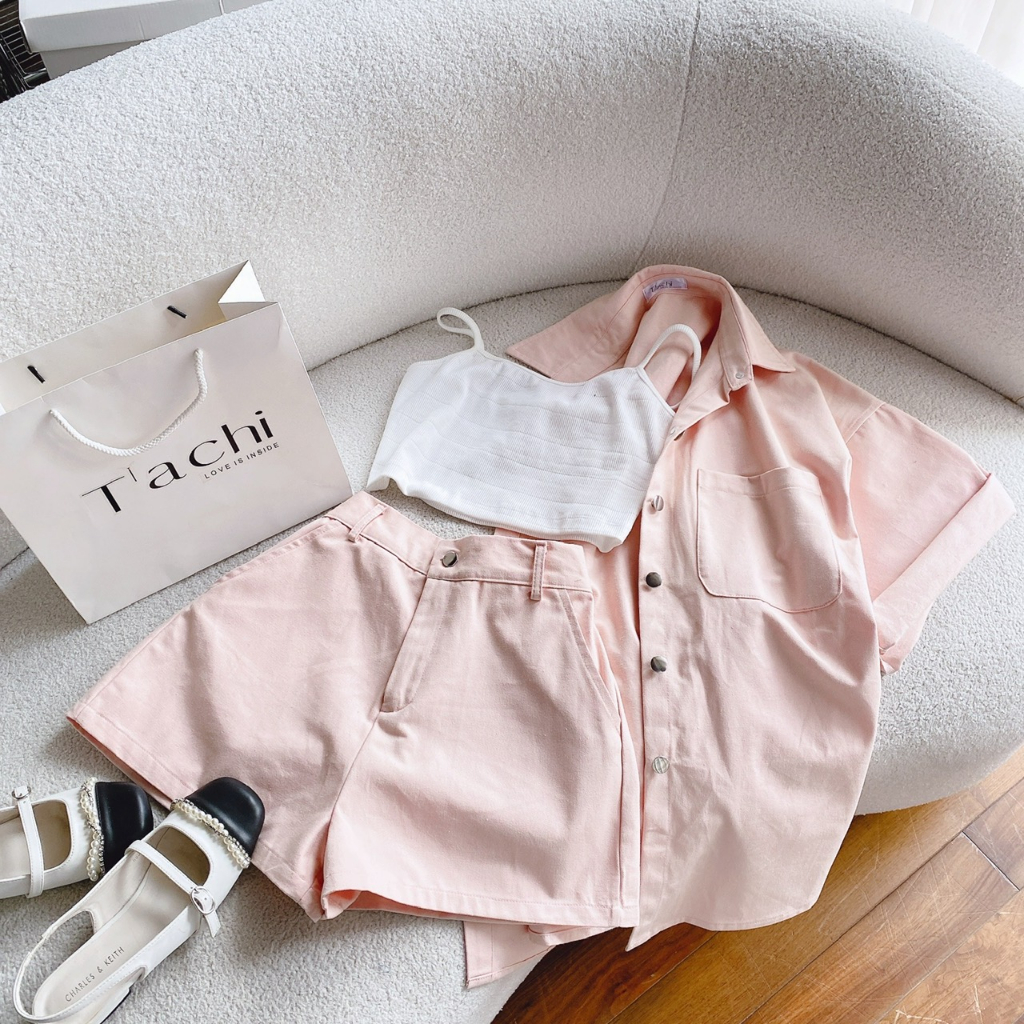 SET 3 MÓN KAKI HỒNG KÈM ÁO CROP TRẮNG 2S + SHORT💕