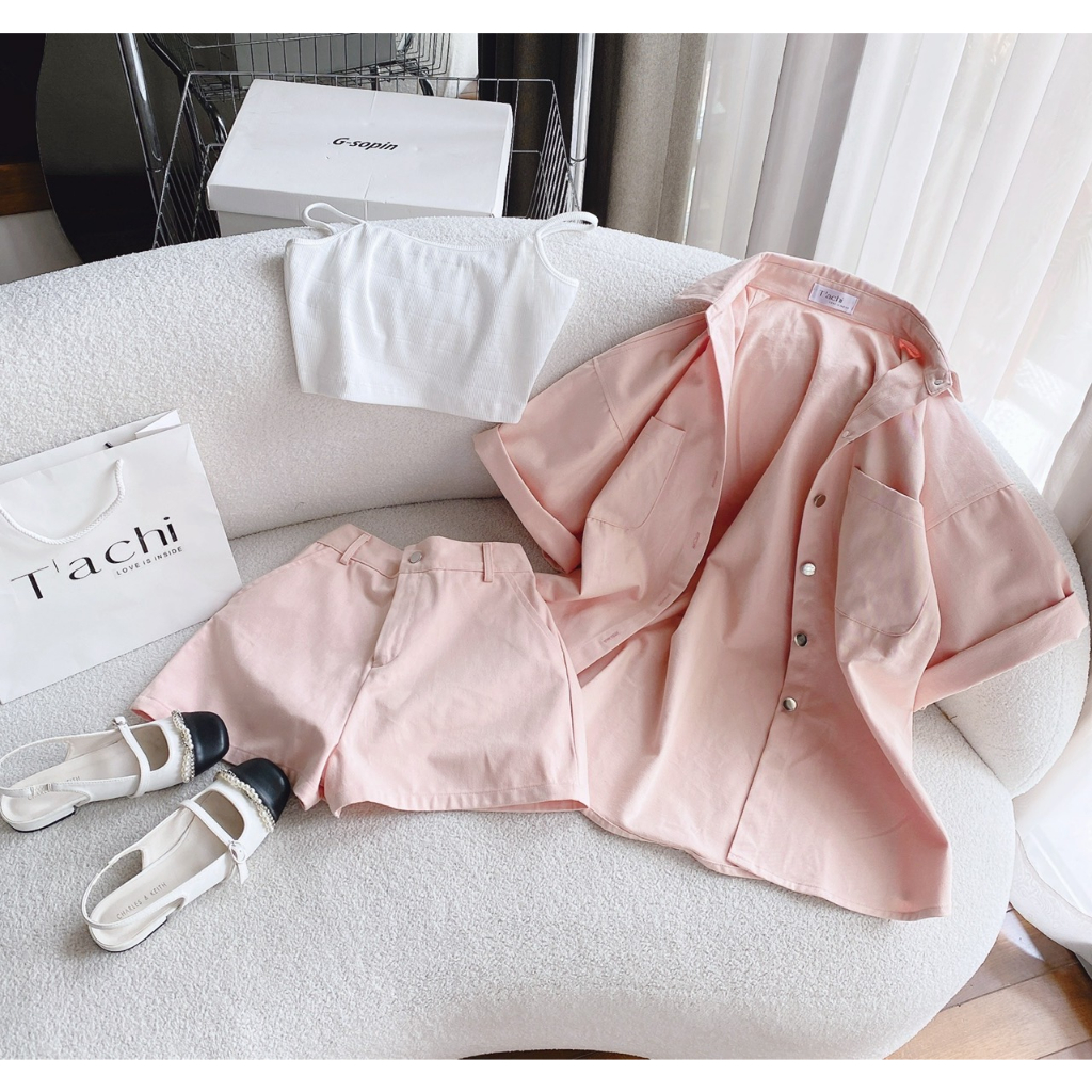 SET 3 MÓN KAKI HỒNG KÈM ÁO CROP TRẮNG 2S + SHORT💕