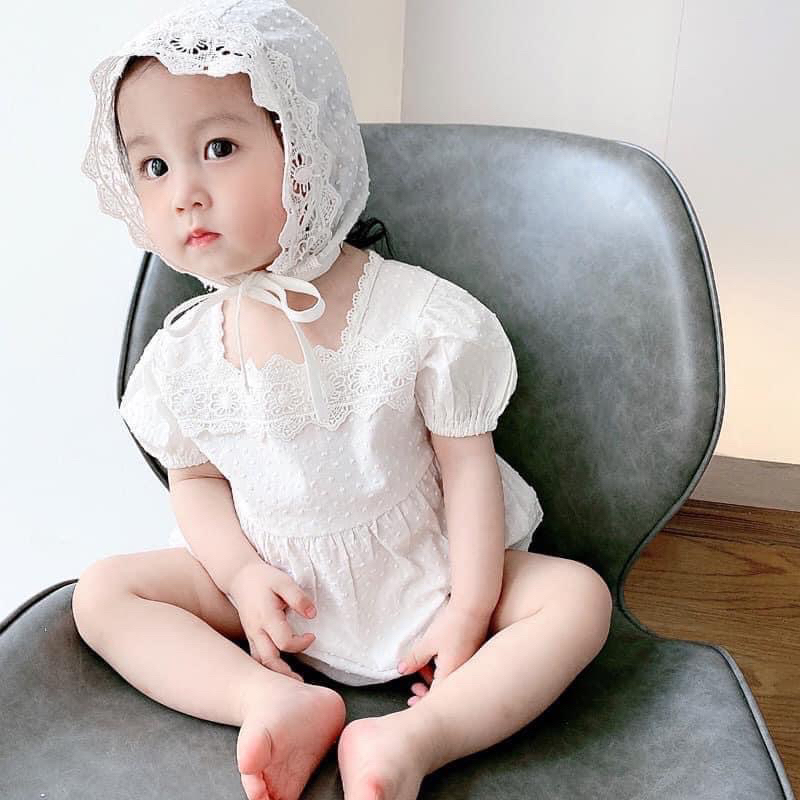 Set bodychip màu trắng tiểu thơ kèm mũ qccc chất siêu mềm mịn sz 8-10kg THƯƠNG HIỆU CAO CẤP