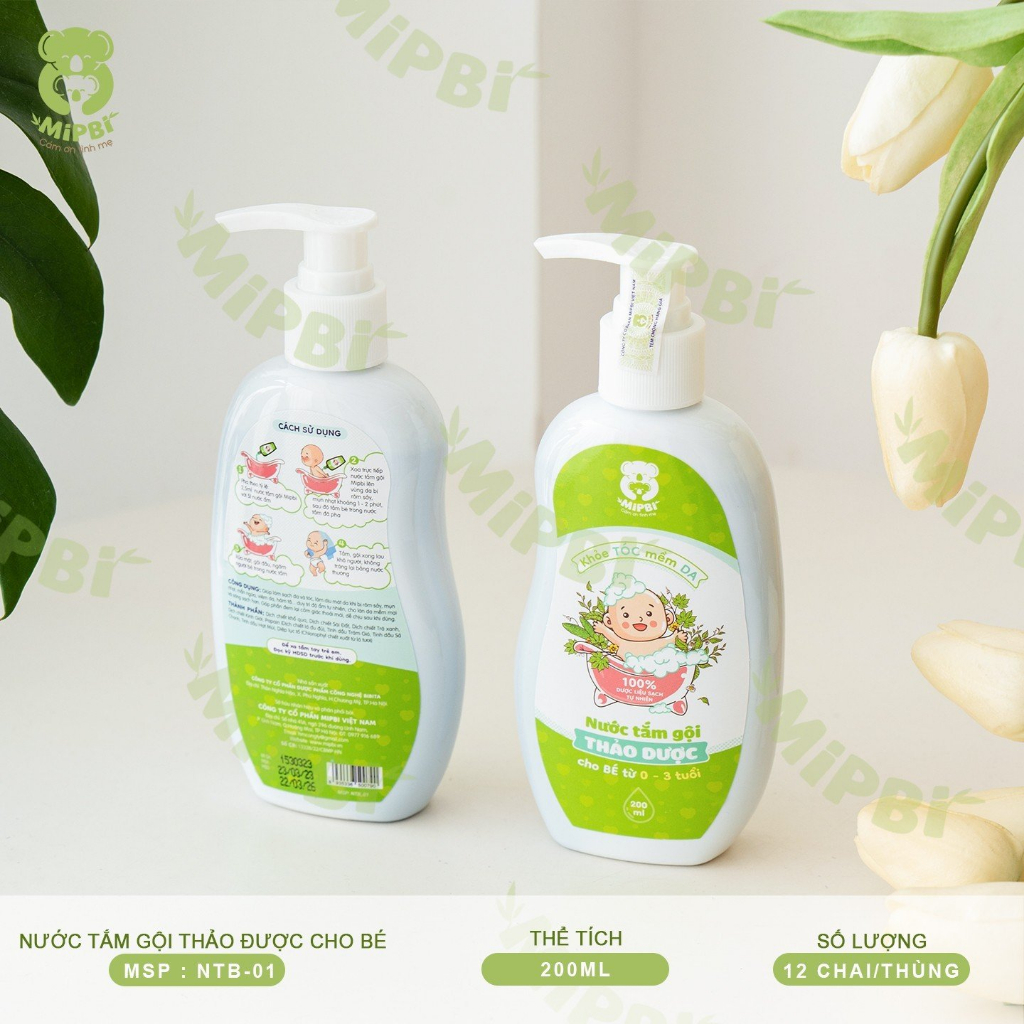 Nước tắm gội thảo dược Mipbi 200ml an toàn cho bé sơ sinh