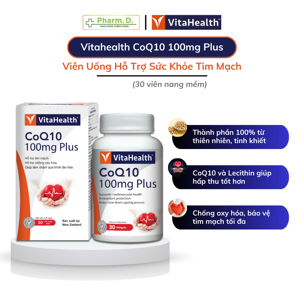 Viên Uống VITAHEALTH CoQ10 100mg Plus Hỗ Trợ Sức Khỏe Tim Mạch ( Hộp 30 Viên)