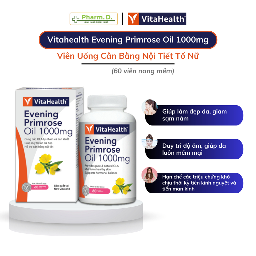 Viên Uống VITAHEALTH Evening Primrose Oil 1000mg Tinh Dầu Hoa Anh Thảo Cải Thiện Nội Tiết Tố Nữ (60 Viên)