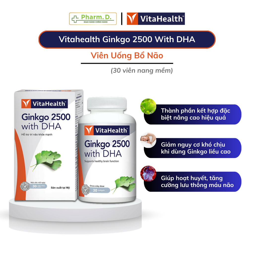 Viên Uống VITAHEALTH Ginkgo 2500 With DHA Giúp Bổ Não (Hộp 30 Viên/ 60 Viên)
