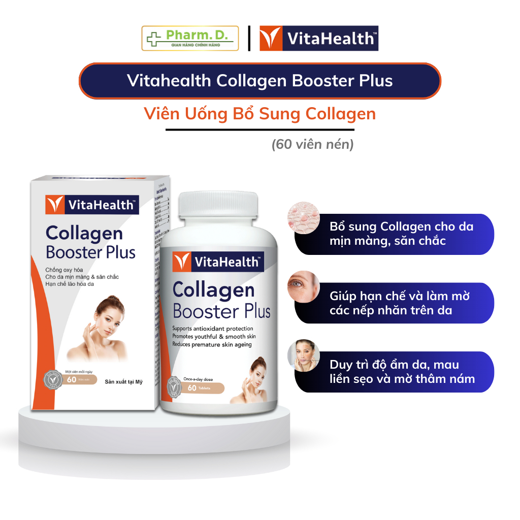 Viên Uống VITAHEALTH Collagen Booster Plus Bổ Sung Collagen Giúp Đẹp Da, Chống Lão Hóa (60 Viên)