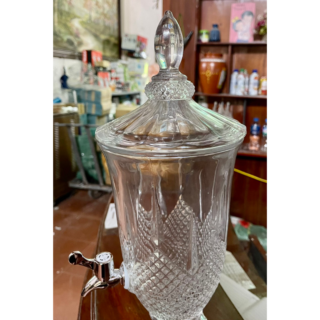 Bình ngâm rót rươu thủy tinh có vòi Dung tích 2 Lít. Bình dày, hoa văn nổi sang trọng.