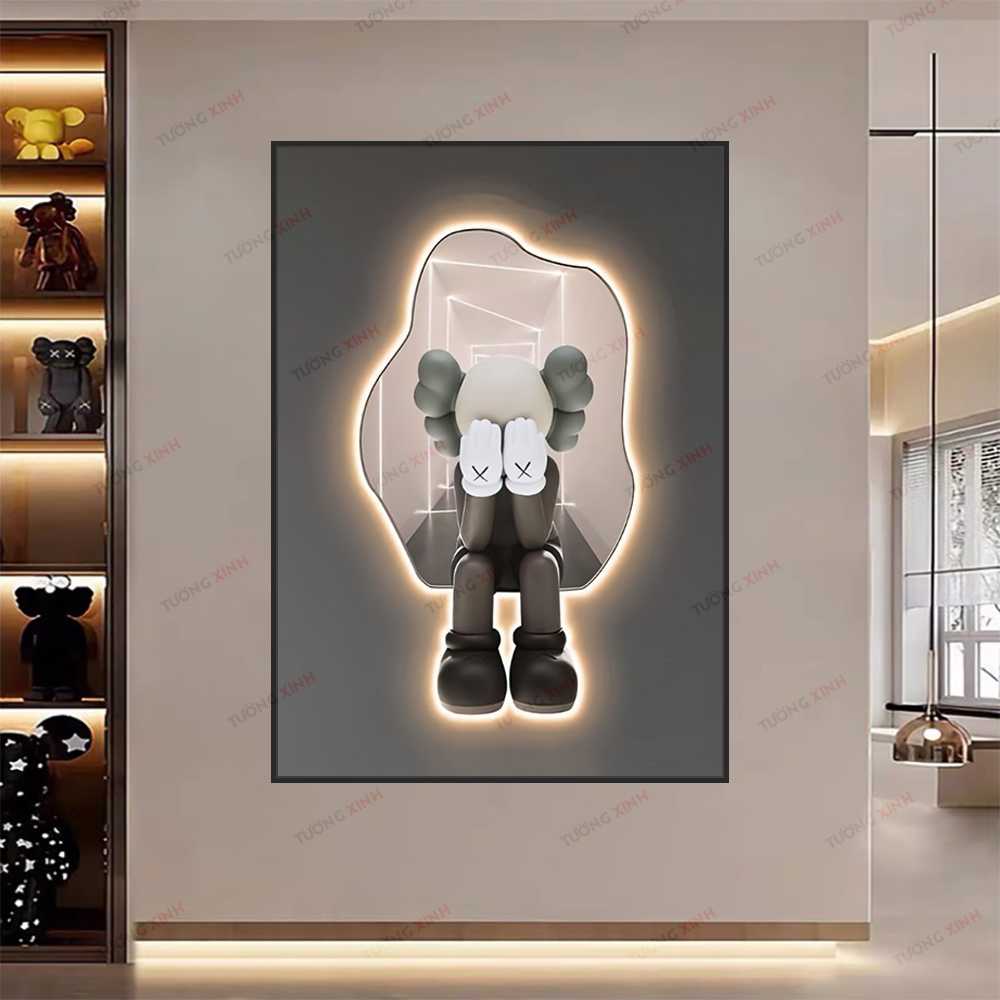 Tranh decal dán tường 3D giả LED gấu Bearbrick KAWS sang trọng hiện đại