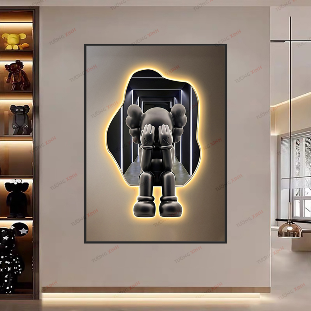 Tranh decal dán tường 3D giả LED gấu Bearbrick KAWS sang trọng hiện đại