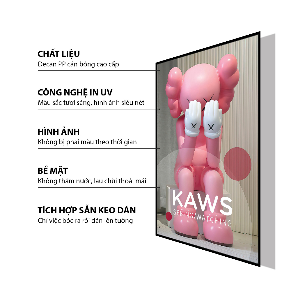 Tranh decal dán tường 3D giả LED gấu Bearbrick KAWS sang trọng hiện đại