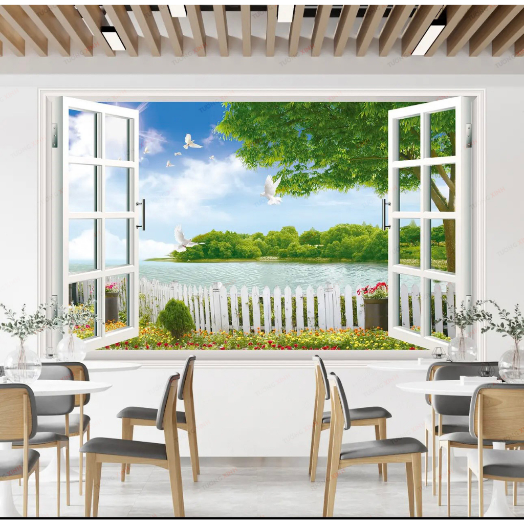 Tranh decal dán tường 3D giả khung cửa sổ trang trí nhà cửa sang trọng hiện đại