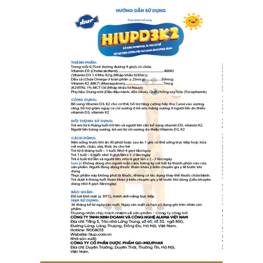 HiupD3K2 ( 15ml ) Bổ Sung Vitamin D3, K2 giúp tăng cường hấp thu Canxi